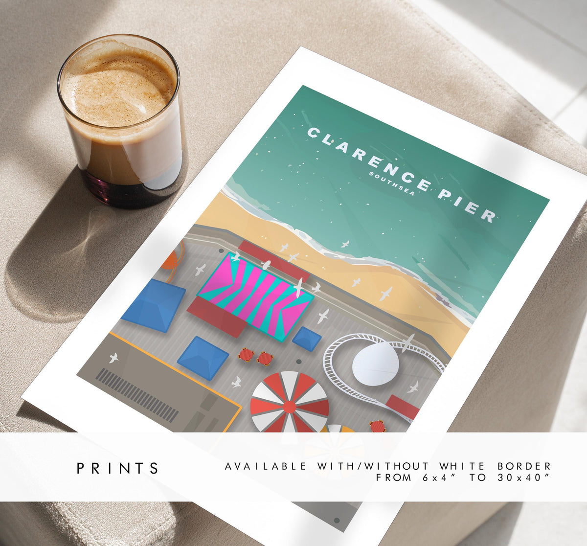 Clarence Pier Travel Poster - Wall Art Print - Southsea and Portsmouth Travel Posters - Minimalist Retro Style - Prints or Framed Prints