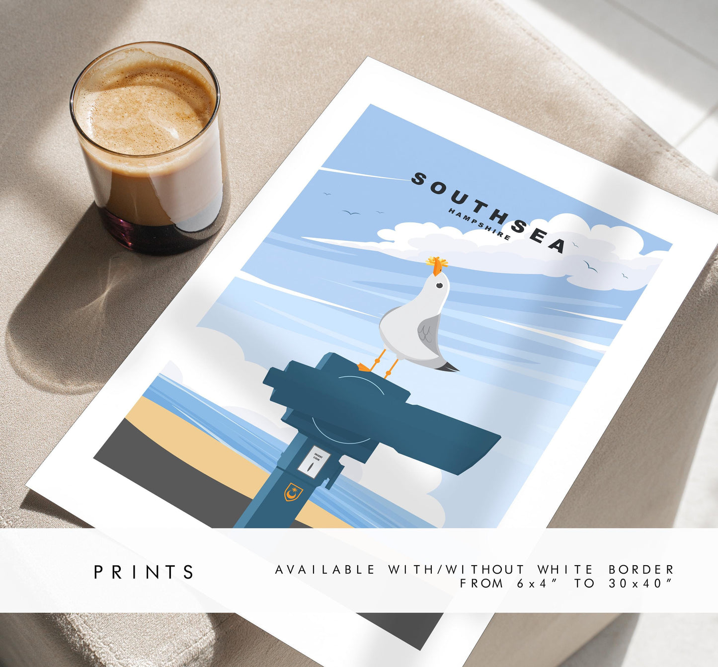 Southsea Seagull Travel Poster - Wall Art Print - Southsea and Portsmouth Travel Posters - Minimalist Retro Style - Prints or Framed Prints