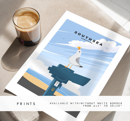 Southsea Seagull Travel Poster - Wall Art Print - Southsea and Portsmouth Travel Posters - Minimalist Retro Style - Prints or Framed Prints