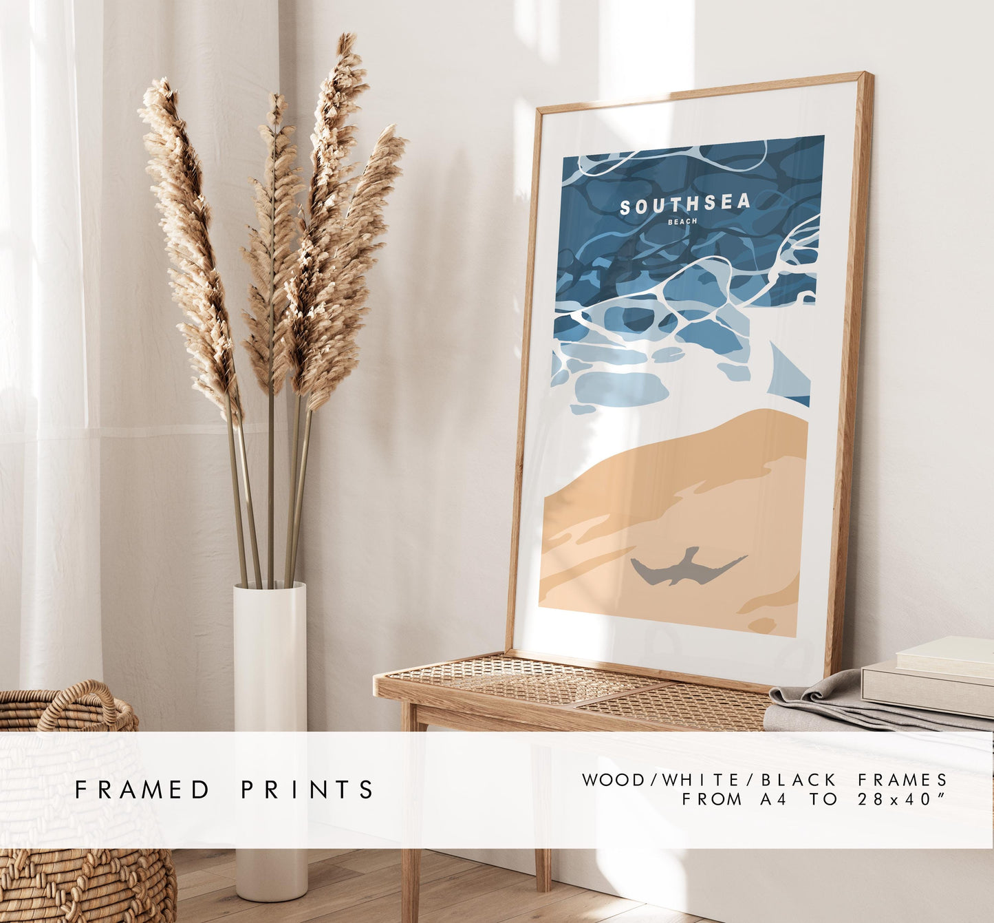 Southsea Beach Travel Poster - Wall Art Print - Southsea and Portsmouth Travel Posters - Minimalist Retro Style - Prints or Framed Prints