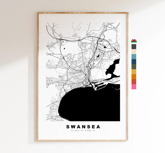 Swansea Map Print - Minimalist City Map Poster - Map Art - Wales - UK - Swansea Print - Swansea Poster - Different Colours Available