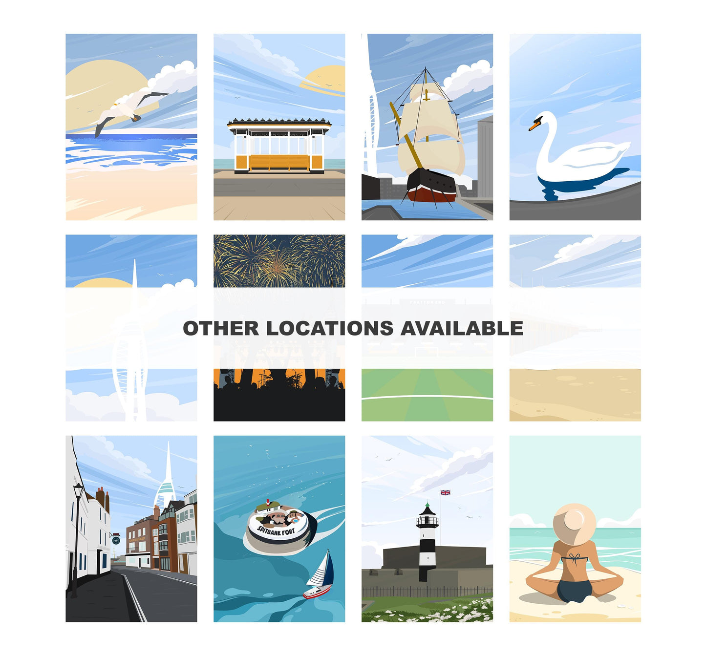 Hotwalls Beach Travel Poster - Wall Art Print - Southsea and Portsmouth Travel Posters - Minimalist Retro Style - Prints or Framed Prints