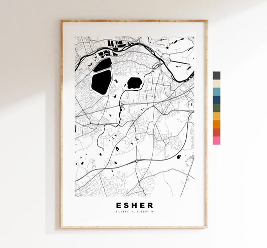 Esher Map Print - Minimalist City Map Poster - Map Art - UK - Esher Print - Esher, Surrey - Different Colours Available
