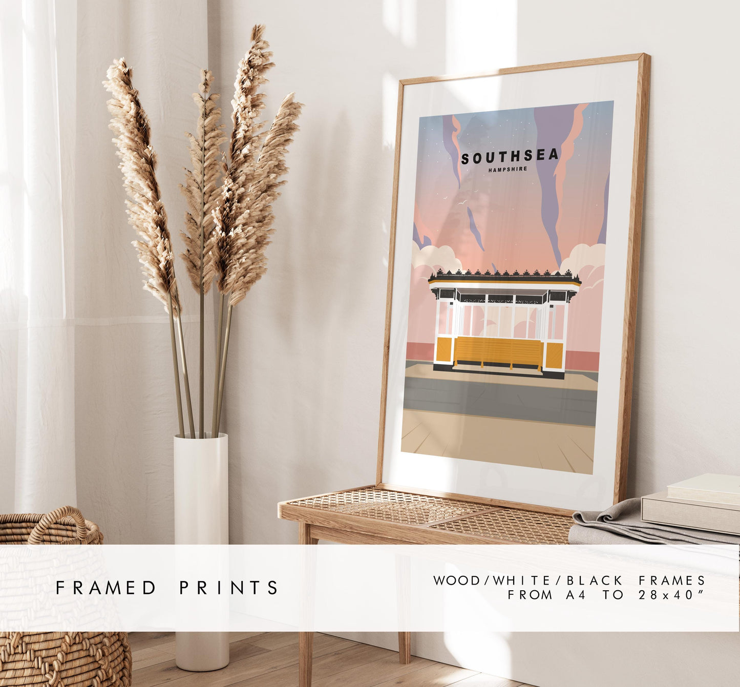 Southsea Travel Poster (Sunset) - Wall Art Print - Southsea and Portsmouth Travel Posters - Minimalist Retro Style - Prints or Framed Prints