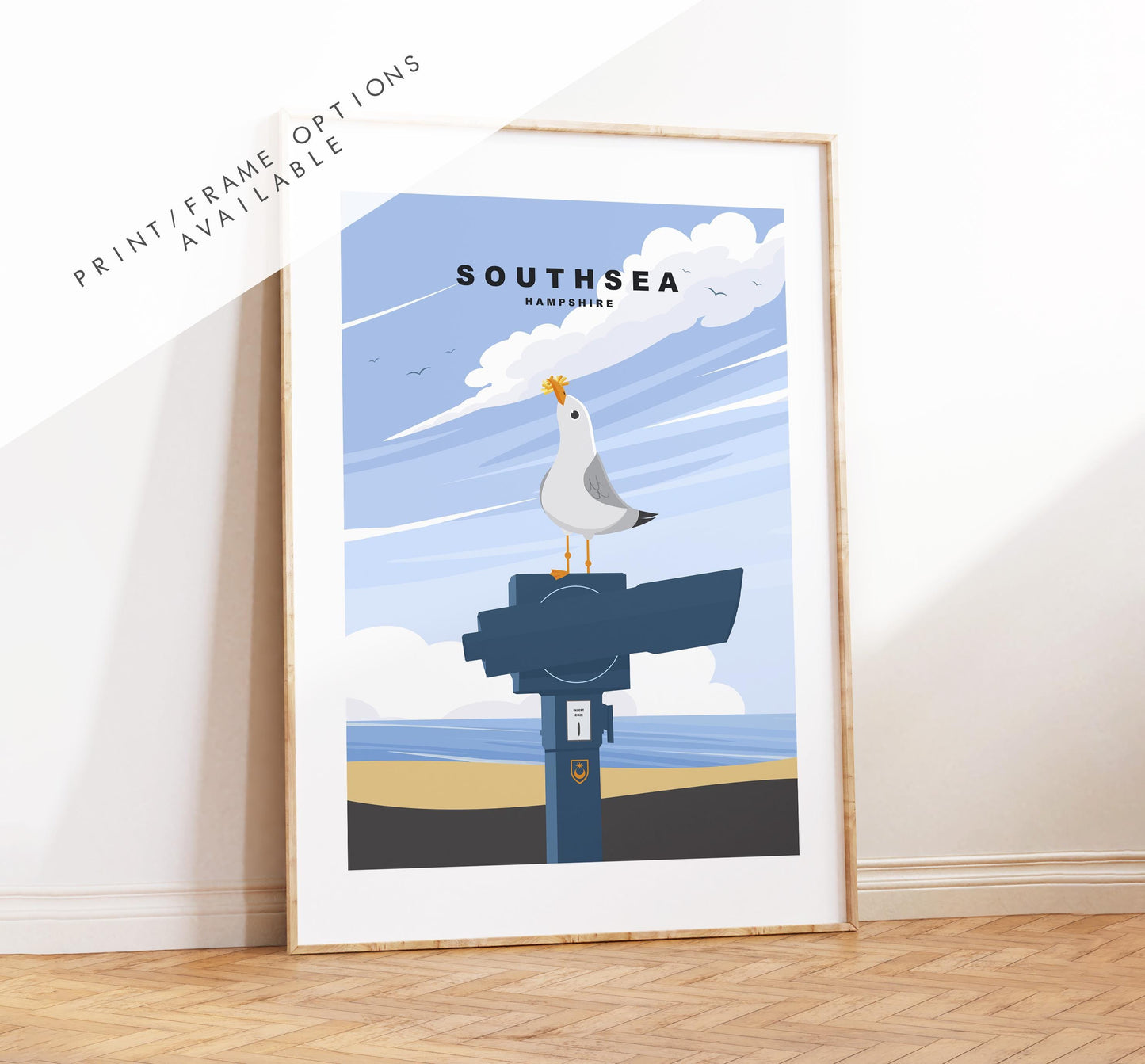 Southsea Seagull Travel Poster - Wall Art Print - Southsea and Portsmouth Travel Posters - Minimalist Retro Style - Prints or Framed Prints