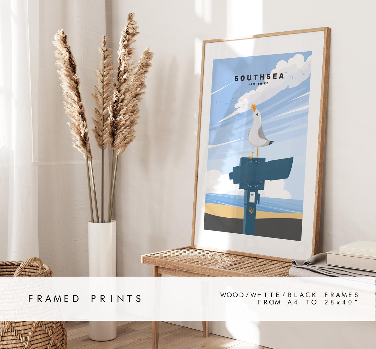 Southsea Seagull Travel Poster - Wall Art Print - Southsea and Portsmouth Travel Posters - Minimalist Retro Style - Prints or Framed Prints
