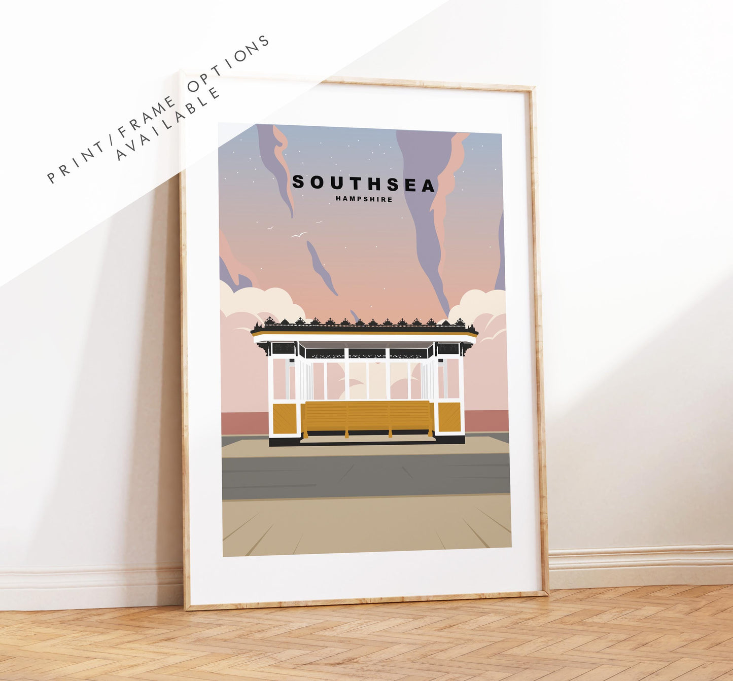 Southsea Travel Poster (Sunset) - Wall Art Print - Southsea and Portsmouth Travel Posters - Minimalist Retro Style - Prints or Framed Prints