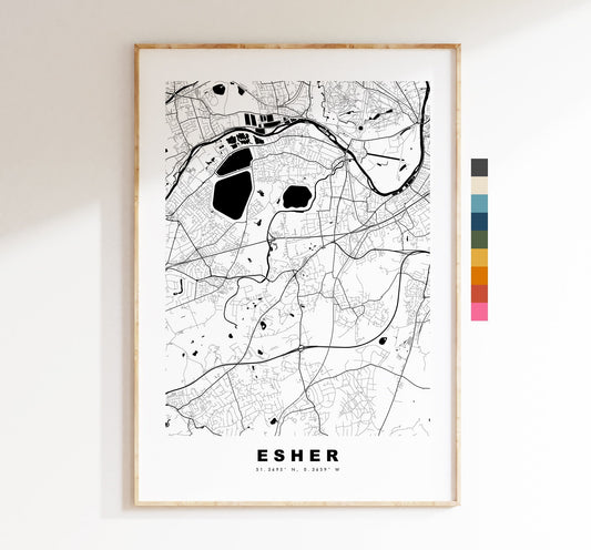 Esher Map Print - Minimalist City Map Poster - Map Art - UK - Esher Print - Esher Poster - Different Colours Available