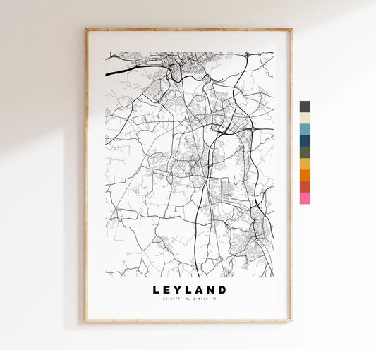Leyland Map Print - Minimalist City Map Poster - Map Art - UK - Leyland Print - Leyland, Lancashire - Different Colours Available