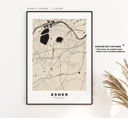 Esher Map Print - Minimalist City Map Poster - Map Art - UK - Esher Print - Esher, Surrey - Different Colours Available