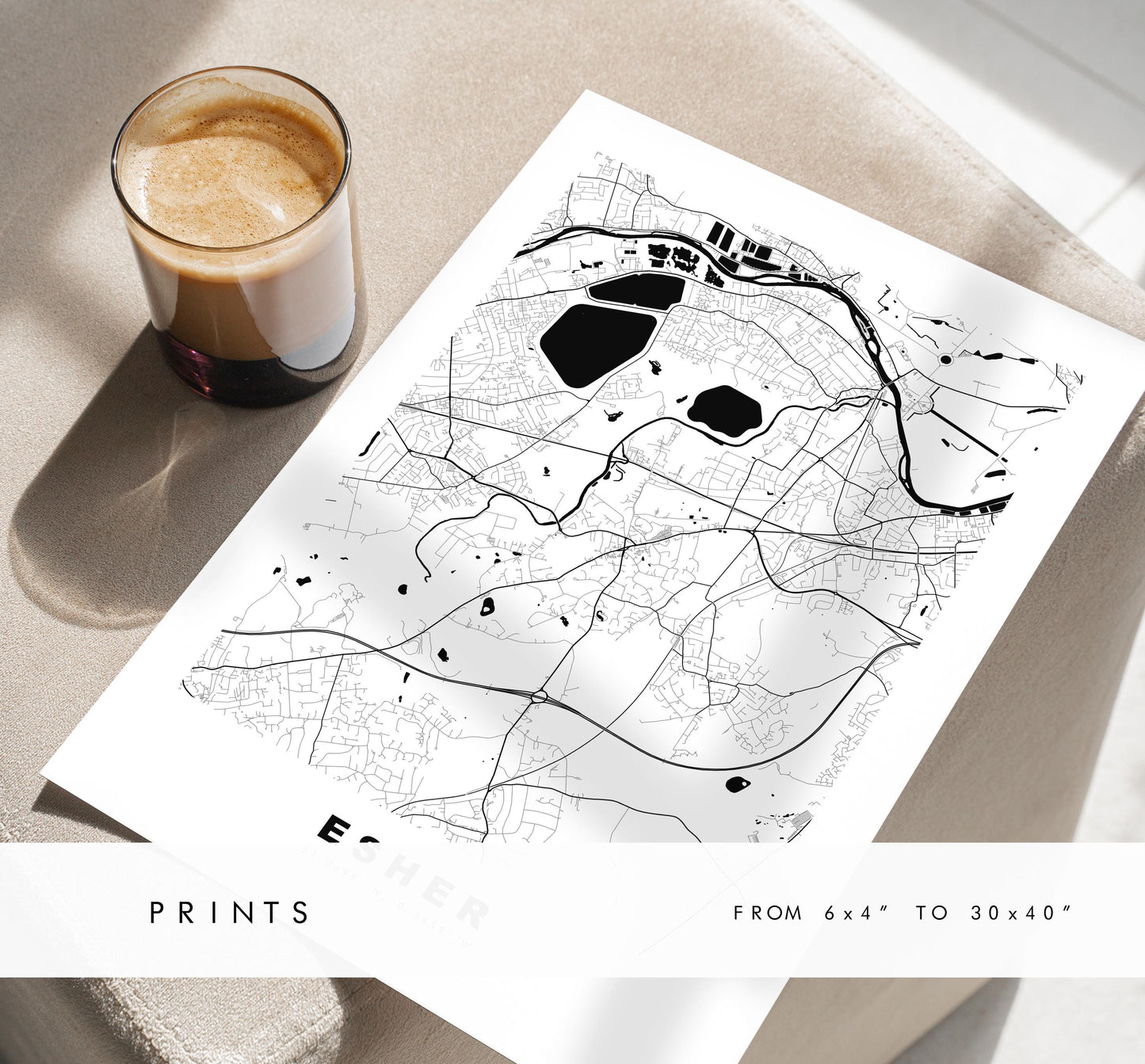 Esher Map Print - Minimalist City Map Poster - Map Art - UK - Esher Print - Esher, Surrey - Different Colours Available