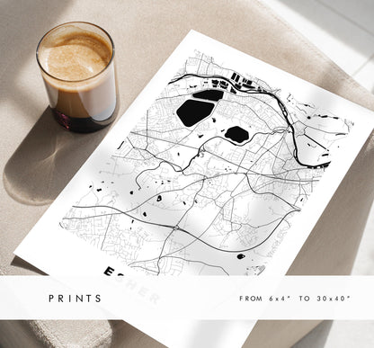 Esher Map Print - Minimalist City Map Poster - Map Art - UK - Esher Print - Esher, Surrey - Different Colours Available
