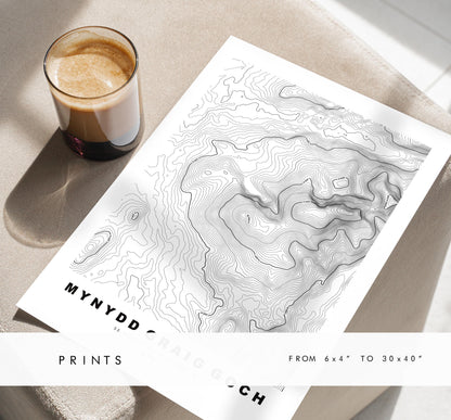 Mynydd Graig Goch Print - Contour Map - Mynydd Graig Goch Poster - Wales - Topographic Map - Print - Poster - Wall Art - Welsh 2000s
