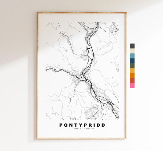 Pontypridd Map Print - Minimalist City Map Poster - Map Art - Wales - Pontypridd Print - Pontypridd Poster - Different Colours Available