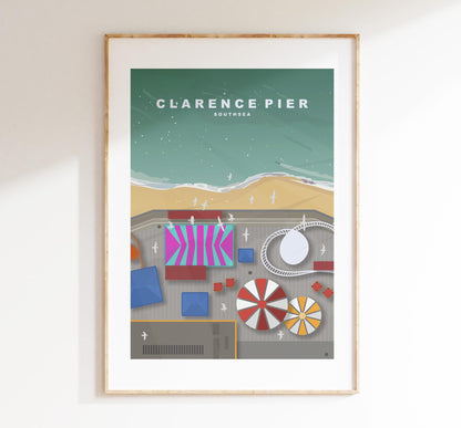 Clarence Pier Travel Poster - Wall Art Print - Southsea and Portsmouth Travel Posters - Minimalist Retro Style - Prints or Framed Prints