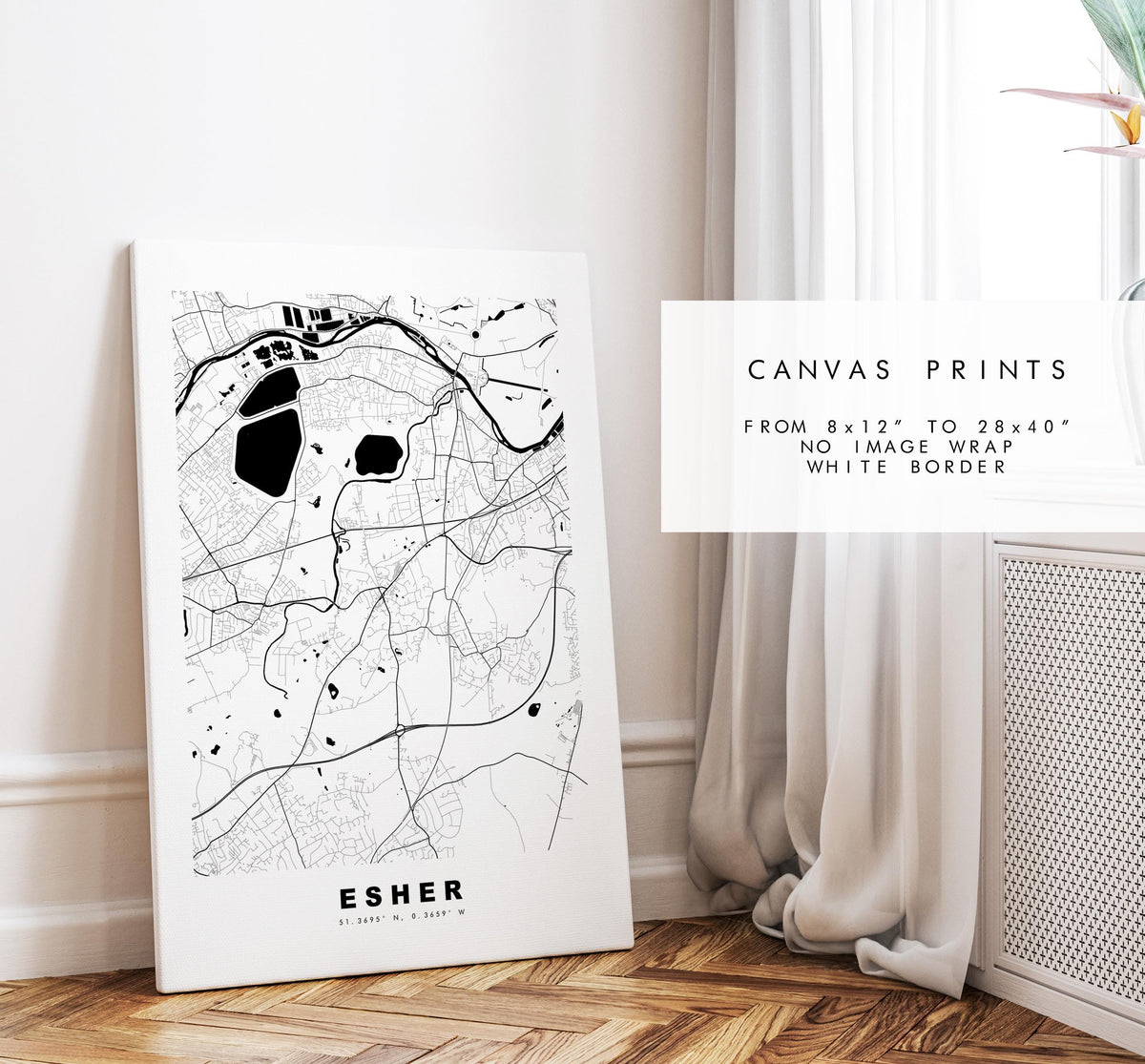 Esher Map Print - Minimalist City Map Poster - Map Art - UK - Esher Print - Esher, Surrey - Different Colours Available