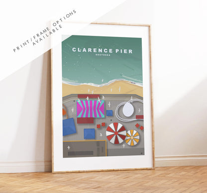 Clarence Pier Travel Poster - Wall Art Print - Southsea and Portsmouth Travel Posters - Minimalist Retro Style - Prints or Framed Prints