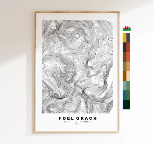 Foel Grach Print - Contour Map - Foel Grach Poster - Wales - Topographic Map - Print - Poster - Wall Art - Welsh 3000s - Carneddau Range