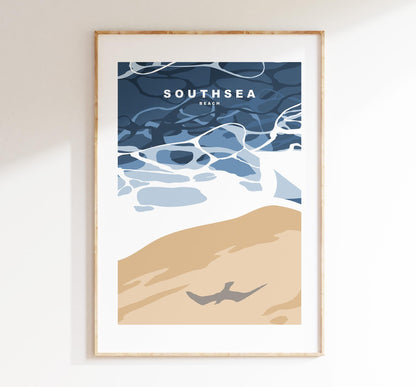 Southsea Beach Travel Poster - Wall Art Print - Southsea and Portsmouth Travel Posters - Minimalist Retro Style - Prints or Framed Prints
