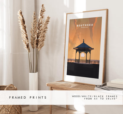 Southsea Bandstand Travel Poster (Sunset - Orange) - Wall Art Print - Southsea and Portsmouth Travel Posters - Prints or Framed Prints