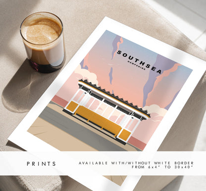 Southsea Travel Poster (Sunset) - Wall Art Print - Southsea and Portsmouth Travel Posters - Minimalist Retro Style - Prints or Framed Prints