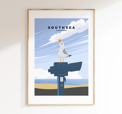 Southsea Seagull Travel Poster - Wall Art Print - Southsea and Portsmouth Travel Posters - Minimalist Retro Style - Prints or Framed Prints