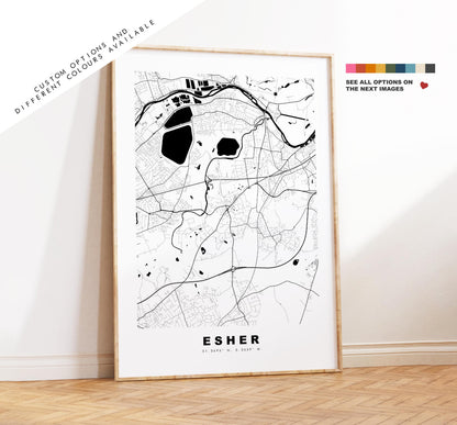 Esher Map Print - Minimalist City Map Poster - Map Art - UK - Esher Print - Esher, Surrey - Different Colours Available