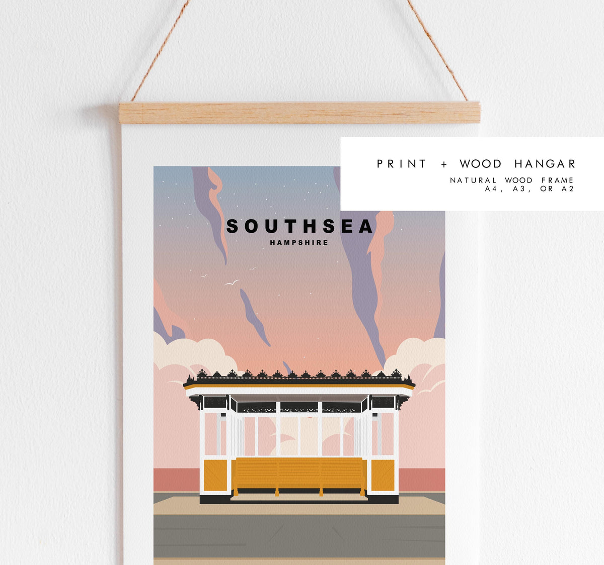 Southsea Travel Poster (Sunset) - Wall Art Print - Southsea and Portsmouth Travel Posters - Minimalist Retro Style - Prints or Framed Prints