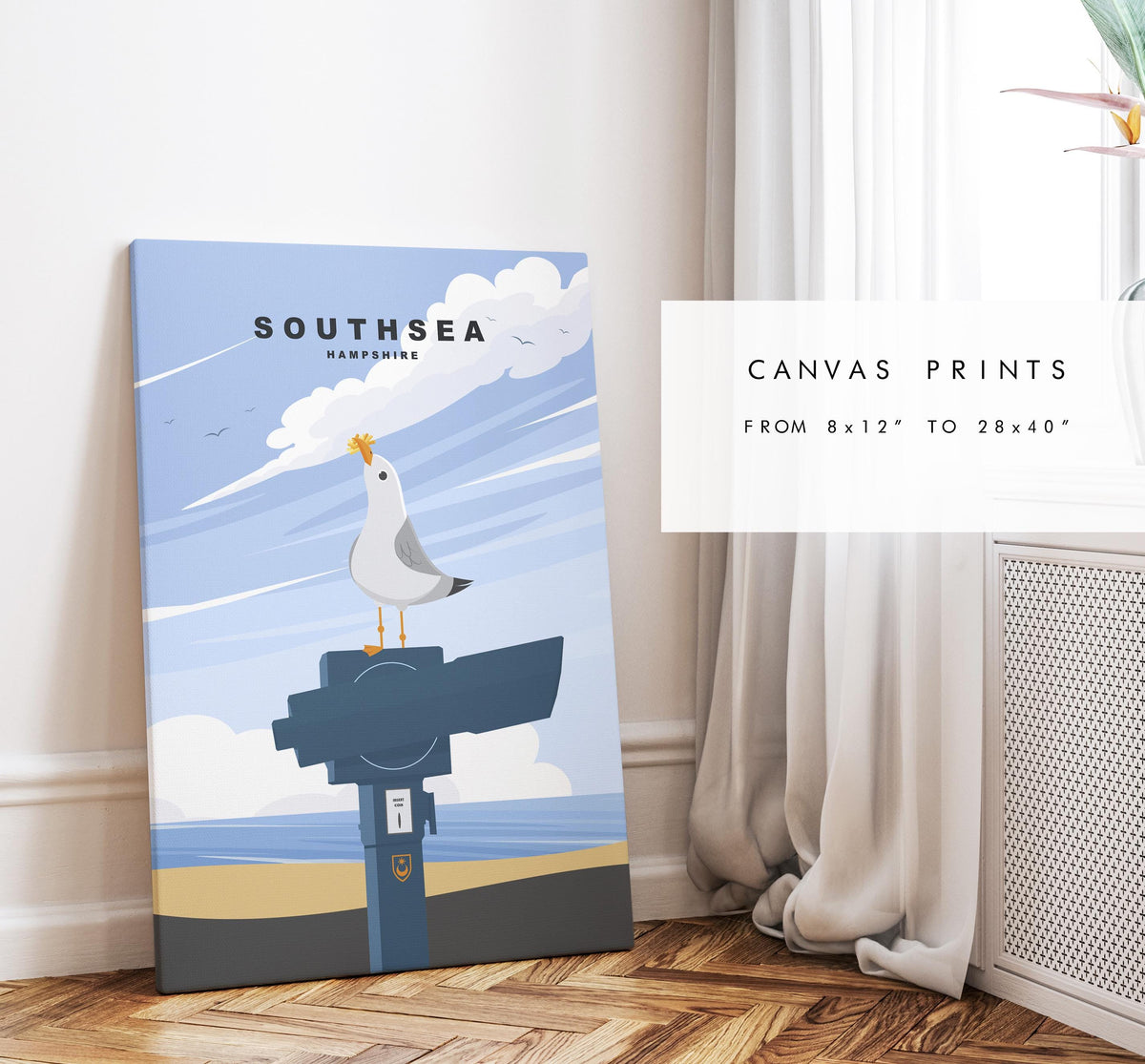 Southsea Seagull Travel Poster - Wall Art Print - Southsea and Portsmouth Travel Posters - Minimalist Retro Style - Prints or Framed Prints