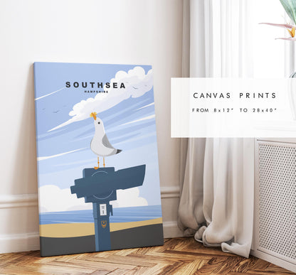 Southsea Seagull Travel Poster - Wall Art Print - Southsea and Portsmouth Travel Posters - Minimalist Retro Style - Prints or Framed Prints