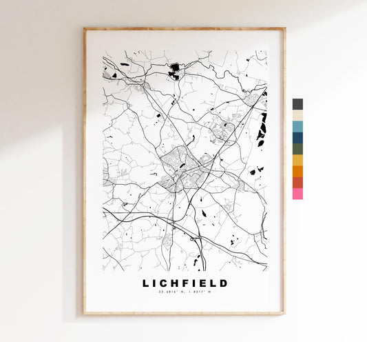 Lichfield Map Print - Minimalist City Map Poster - Map Art - UK - Lichfield Print - Lichfield, Staffordshire - Different Colours Available