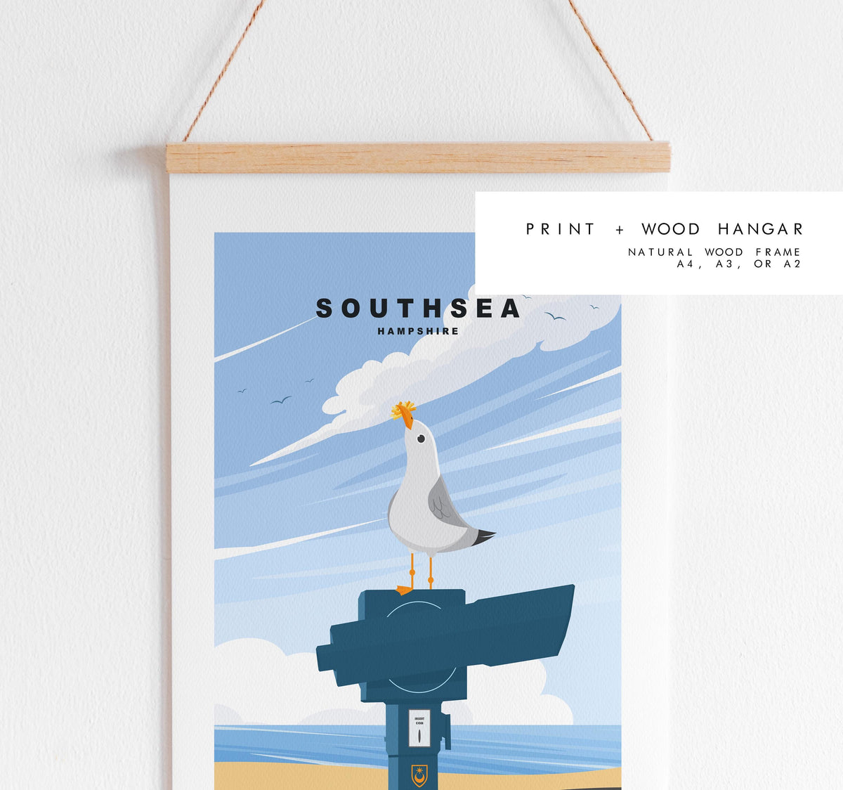 Southsea Seagull Travel Poster - Wall Art Print - Southsea and Portsmouth Travel Posters - Minimalist Retro Style - Prints or Framed Prints