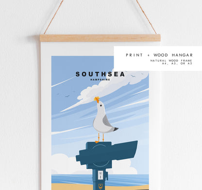 Southsea Seagull Travel Poster - Wall Art Print - Southsea and Portsmouth Travel Posters - Minimalist Retro Style - Prints or Framed Prints