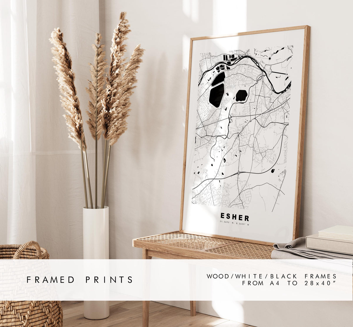 Esher Map Print - Minimalist City Map Poster - Map Art - UK - Esher Print - Esher, Surrey - Different Colours Available