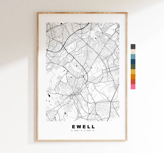 Ewell Map Print - Minimalist City Map Poster - Map Art - UK - Ewell Print - Ewell Poster - Different Colours Available