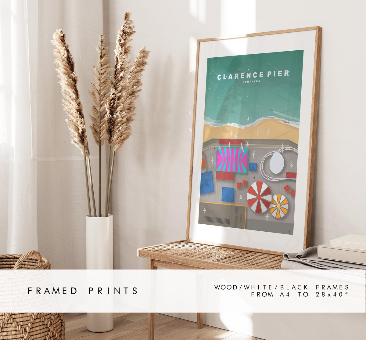 Clarence Pier Travel Poster - Wall Art Print - Southsea and Portsmouth Travel Posters - Minimalist Retro Style - Prints or Framed Prints