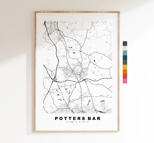 Potters Bar Map Print - Minimalist City Map Poster - Map Art - UK - Potters Bar Print - Hertfordshire - Different Colours Available