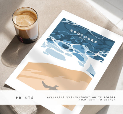 Southsea Beach Travel Poster - Wall Art Print - Southsea and Portsmouth Travel Posters - Minimalist Retro Style - Prints or Framed Prints