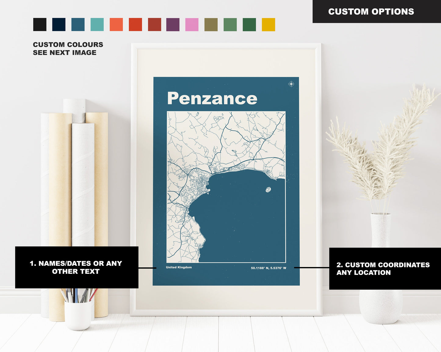 Penzance Print - Map Print - Mid Century Modern  - Retro - Vintage - Contemporary - Penzance Print - Map - Map Poster - Gift - Cornwall