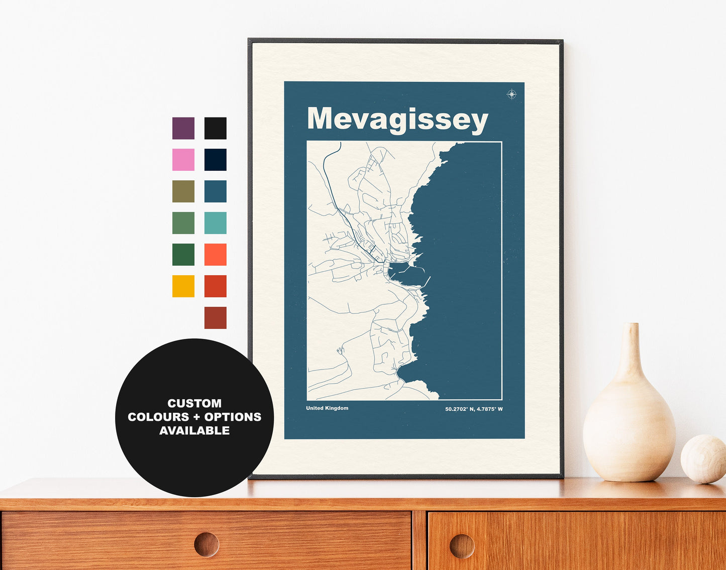 Mevagissey Print - Map Print - Mid Century Modern  - Retro - Vintage - Contemporary - Mevagissey Print - Map - Map Poster - Gift - Cornwall