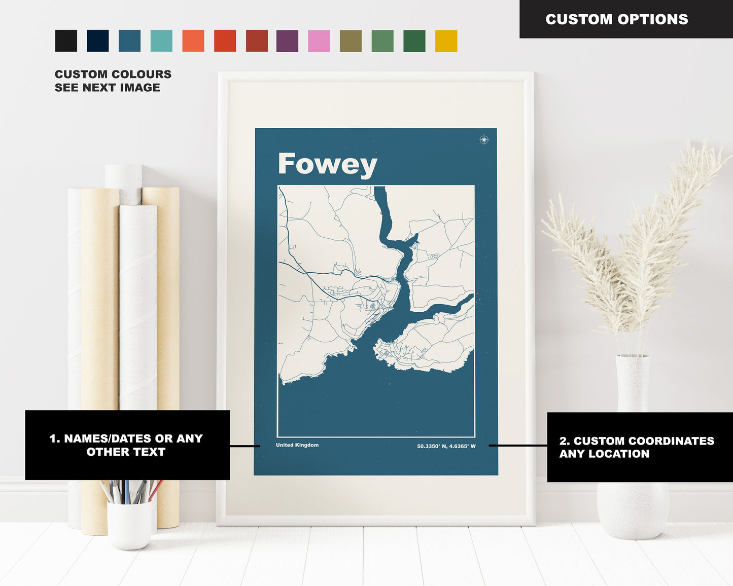 Fowey Print - Map Print - Mid Century Modern  - Retro - Vintage - Contemporary - Fowey Print - Fowey Coastline - Cornwall - Fowey Map - Gift