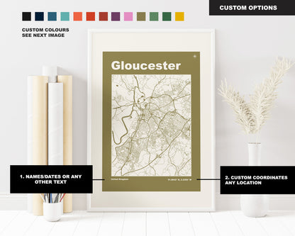 Gloucester Print - Map Print - Retro - Vintage - Contemporary - Gloucester Print  - Map Poster - Gift - Gloucestershire