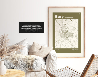 Bury St Edmunds Print - Map Print - Mid Century Modern  - Retro - Vintage - Contemporary - Bury Print  - Map Poster - Gift - Suffolk