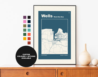 Wells Next Sea Print - Map Print - Mid Century Modern  - Retro - Vintage - Contemporary - Wells Next the Sea Print - Map - Map Poster - Gift