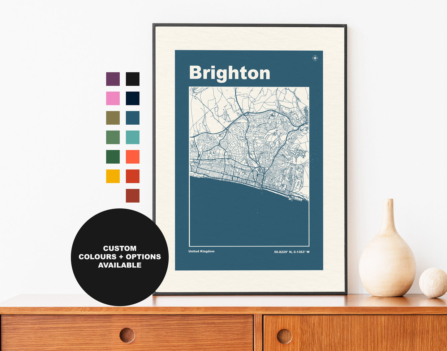 Brighton Print - Map Print - Mid Century Modern  - Retro - Vintage - Contemporary - Brighton Print - Map - Map Poster - Gift - West Sussex