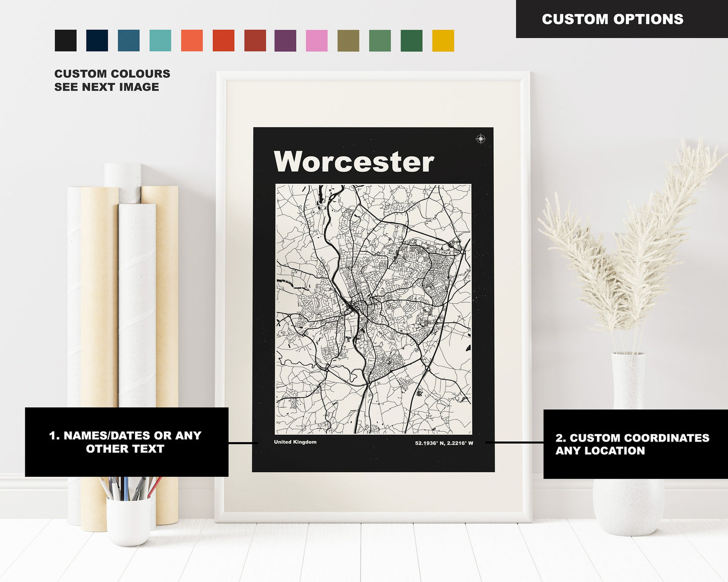 Worcester Print - Map Print - Mid Century Modern  - Retro - Vintage - Contemporary - Worcester Print - Map - Map Poster - Gift - Midlands