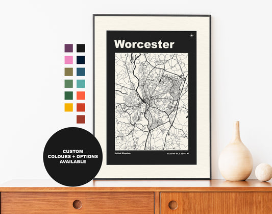 Worcester Print - Map Print - Mid Century Modern  - Retro - Vintage - Contemporary - Worcester Print - Map - Map Poster - Gift - Midlands