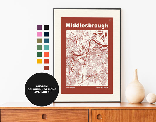 Middlesbrough Print - Map Print - Mid Century Modern  - Retro - Vintage - Contemporary - Middlesbrough City Print - Map -  Map Poster - Gift
