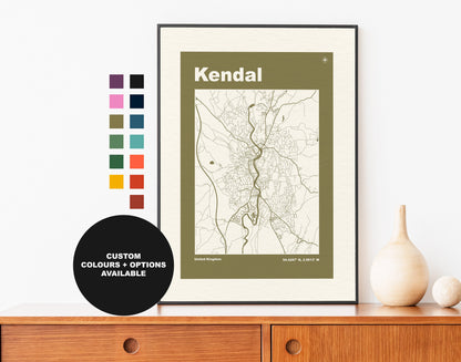 Kendal Print - Map Print - Retro - Vintage - Contemporary - Kendal City Print - Map - Map Poster - Gift - Lake District