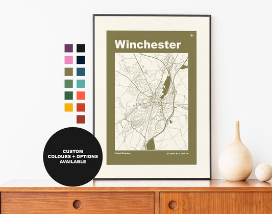 Winchester Print - Map Print - Mid Century Modern  - Retro - Vintage - Contemporary - Winchester Print - Map - Map Poster - Gift - Hampshire